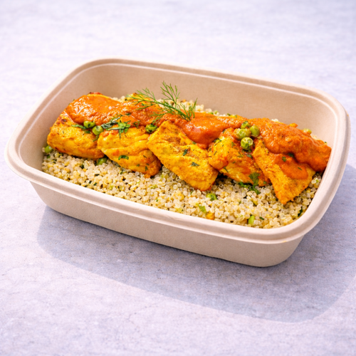 Green vegetable Fish quinoa with bell pepper sauce